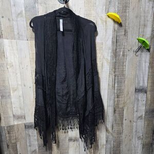Pretty Angel Black Linen Blend Cable Knit Open Cardigan Duster w Fringe